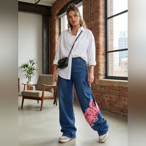 NWT Southpole Y2K Wide Leg Jeans Sz 13 Pink Graffiti Logo Baggy Cargo Denim